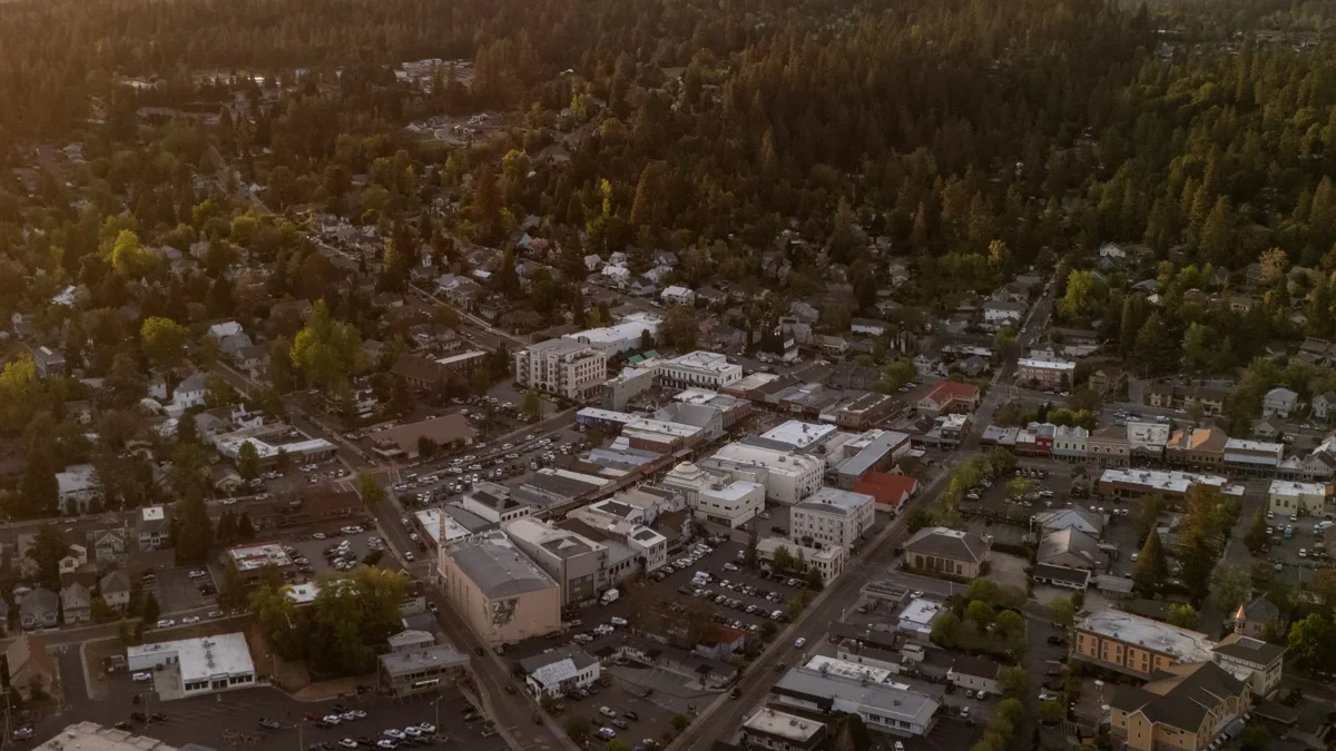 Aerial view of Grass Valley at sunset