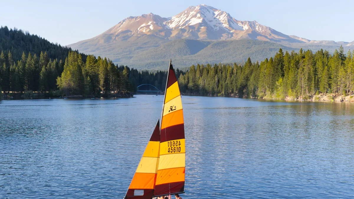 Sailboat on Lake Siskiyou with Mount Shasta beyond