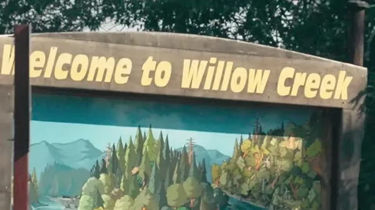 A painted roadside sign welcomes visitors to Willow Creek, Bigfoot Capital of the World.