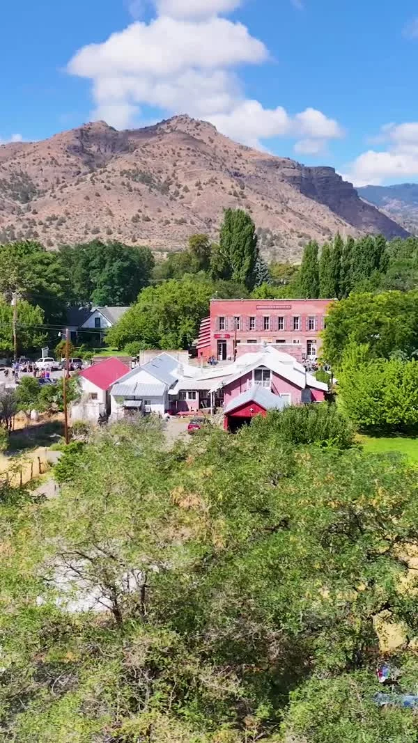 Cedarville rooftops and leafy trees sit beneath a rocky hillside.