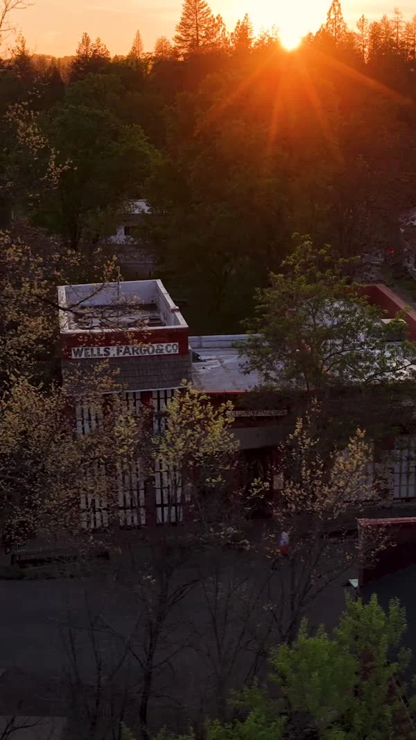 Low sunlight falls across Columbia’s wooden buildings and surrounding trees.