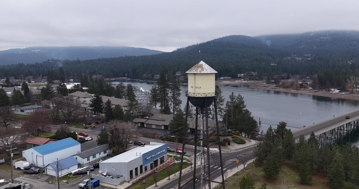 Water tower, river and bridge in Post Falls
