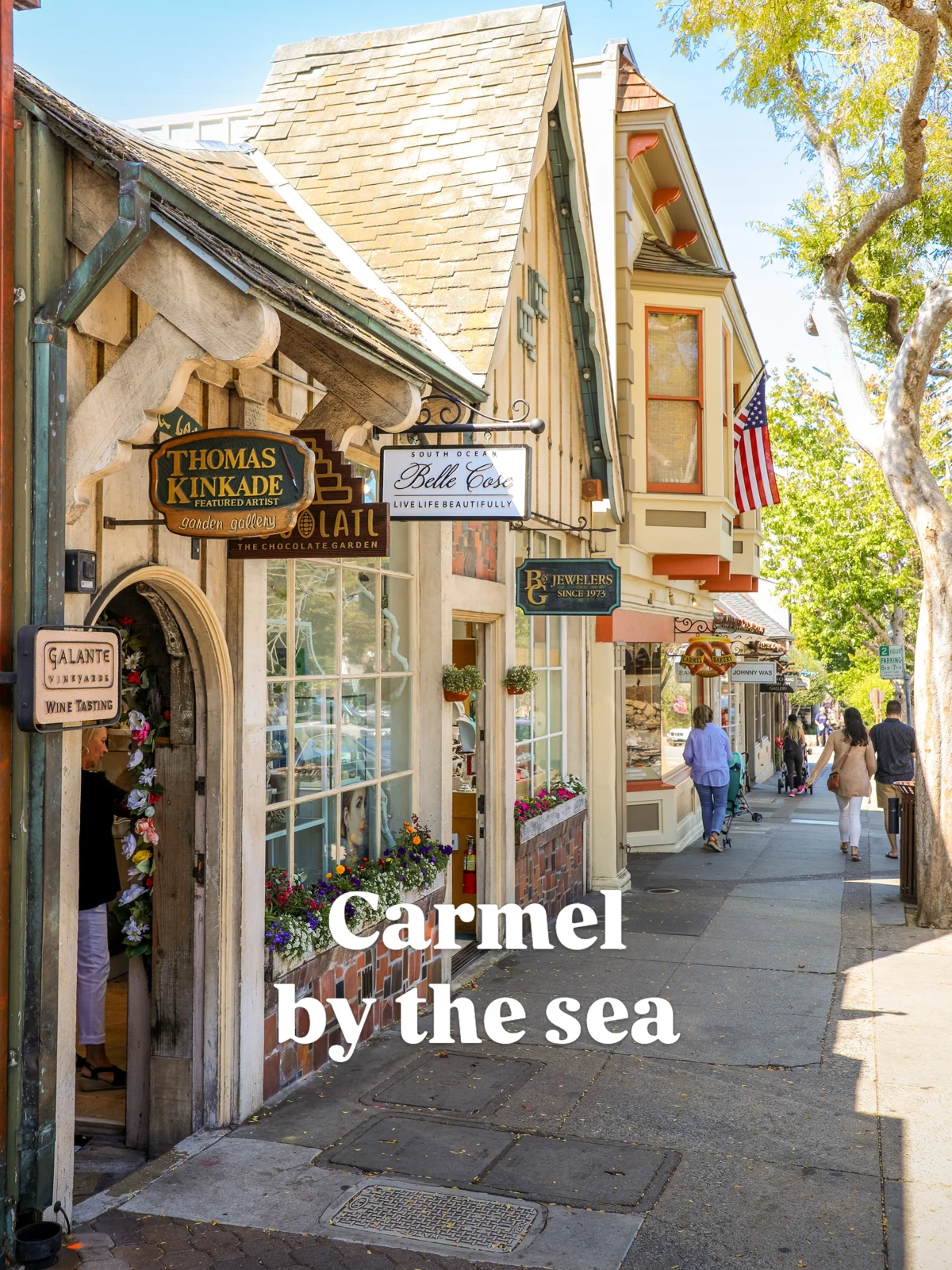 Cottage-style storefronts along a Carmel street