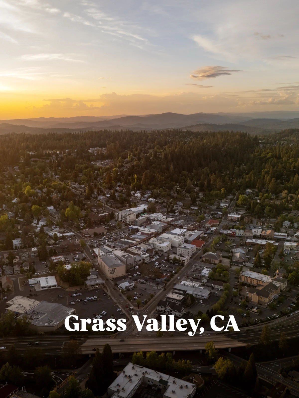Aerial view of Grass Valley at sunset