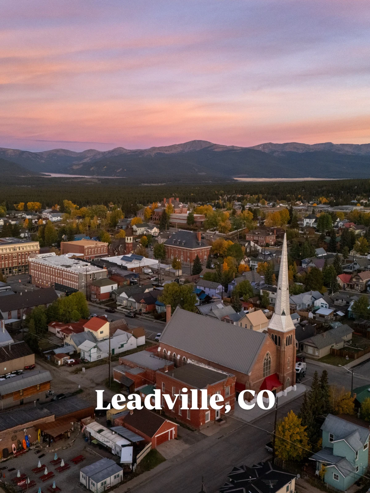 Leadville rooftops and mountain skyline in evening light