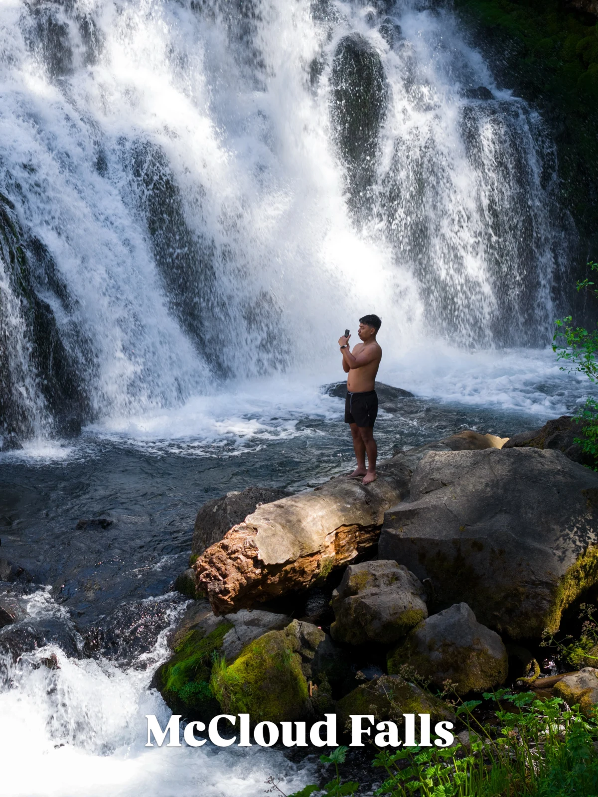 A person beside McCloud Falls beneath a forested riverbank