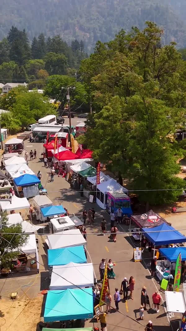 Tents and visitors fill a festival street below forested hills.